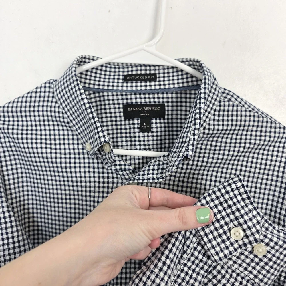 Banana Republic‎ Navy White Gingham Oxford Untucked Fit Button Up Shirt Sz Large